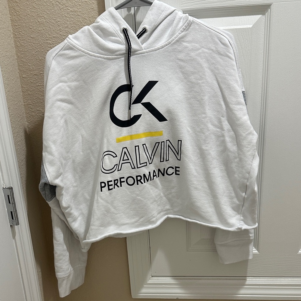 Calvin Klein White Cropped Hoodie with Black and Yellow Accents